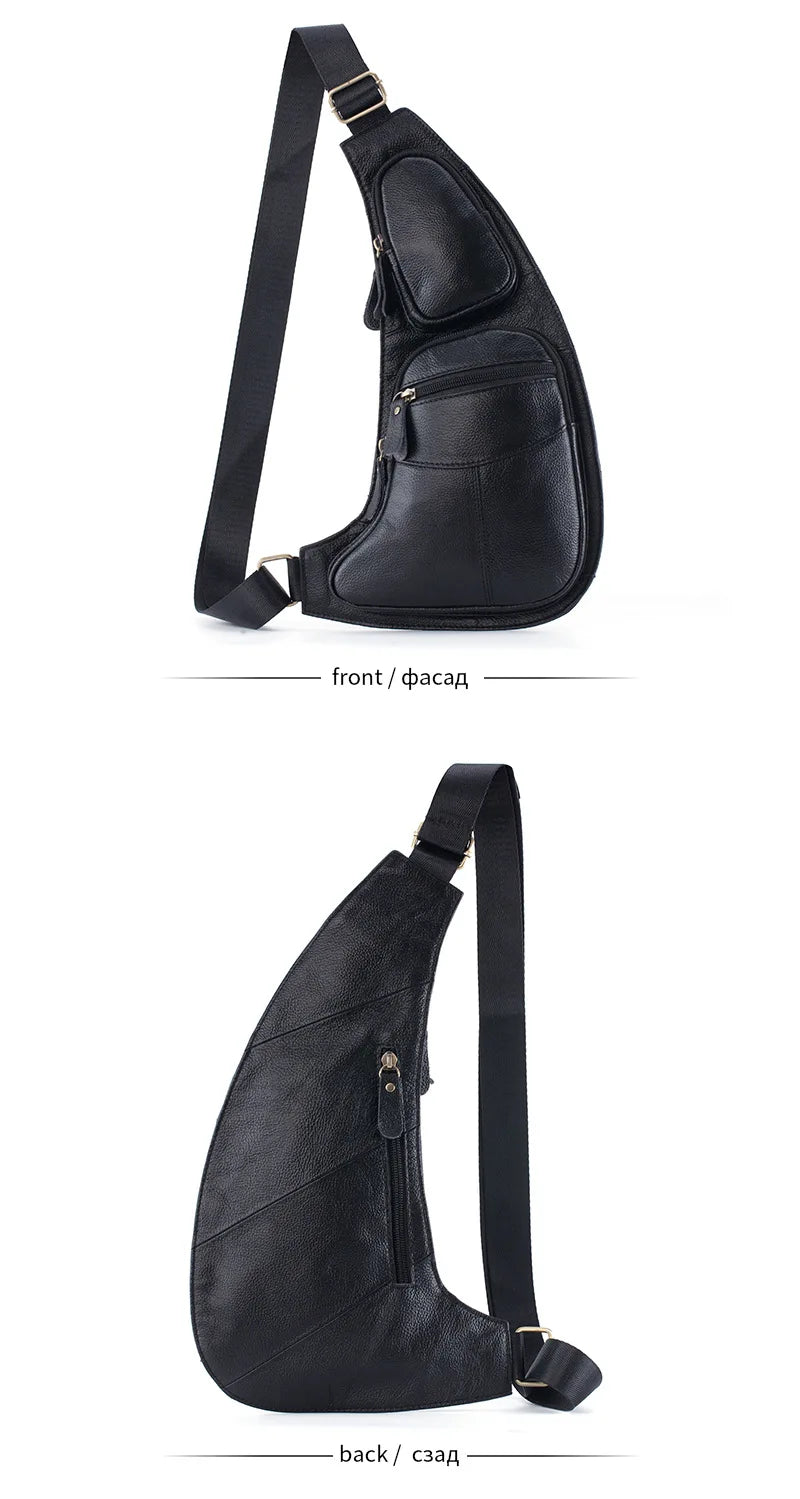 Front and back view of a black leather-look crossbody sling bag with multiple zip pockets and adjustable strap.