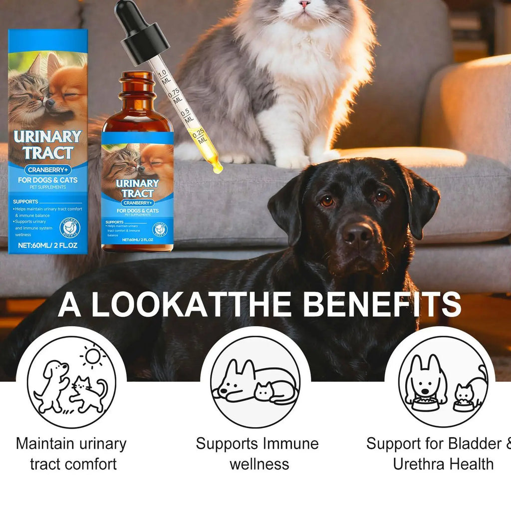 Urinary tract supplement for dogs and cats in a 60ml amber glass bottle with dropper, featuring cranberry and chicken.