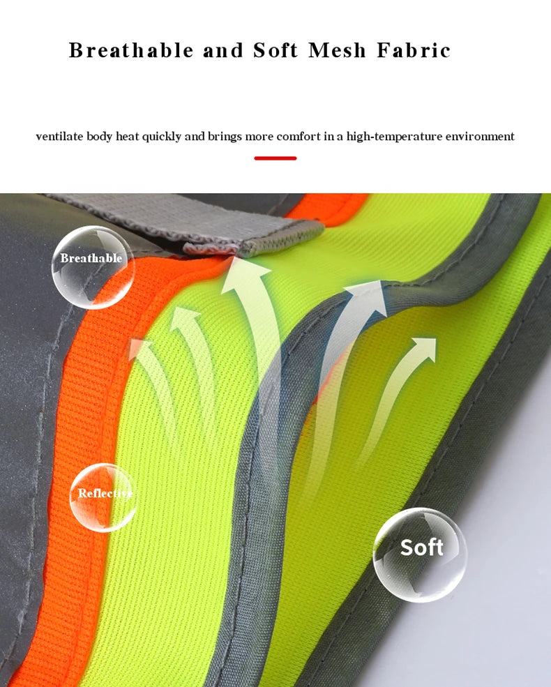 Close-up of a breathable, soft, hi-vis yellow workwear vest with reflective orange trim and grey binding.