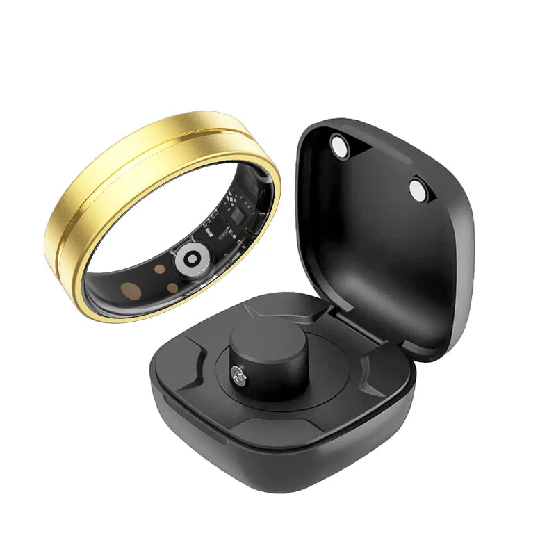 Gold smart fitness ring with interior health sensors, shown next to its black magnetic charging case.