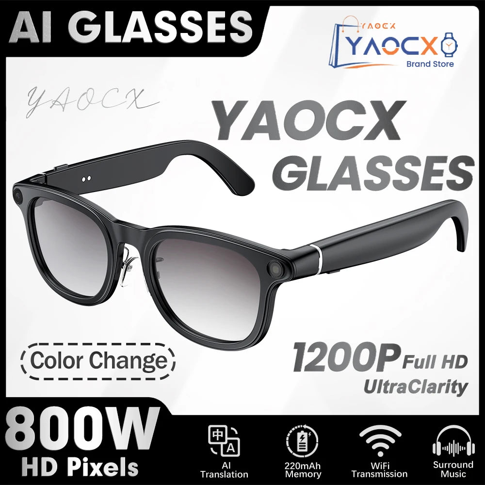 Black smart recording glasses featuring an HD camera, Bluetooth connectivity, and stylish gradient tinted lenses.