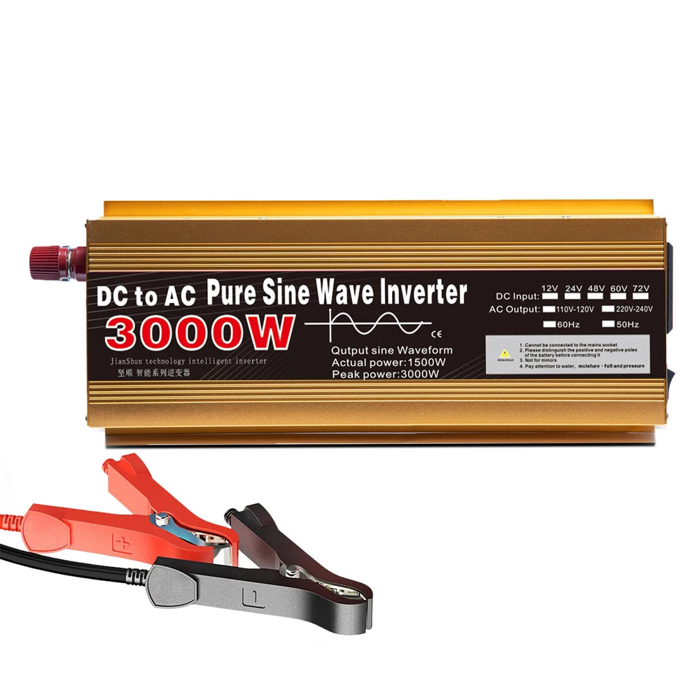 Gold 3000W DC to AC pure sine wave power inverter with red and black battery connection clamps.