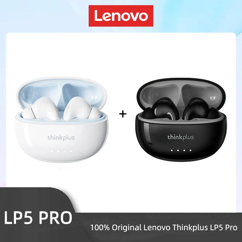 Two sets of wireless earbuds in open charging cases: one white, one black. Both feature a sleek, modern design.