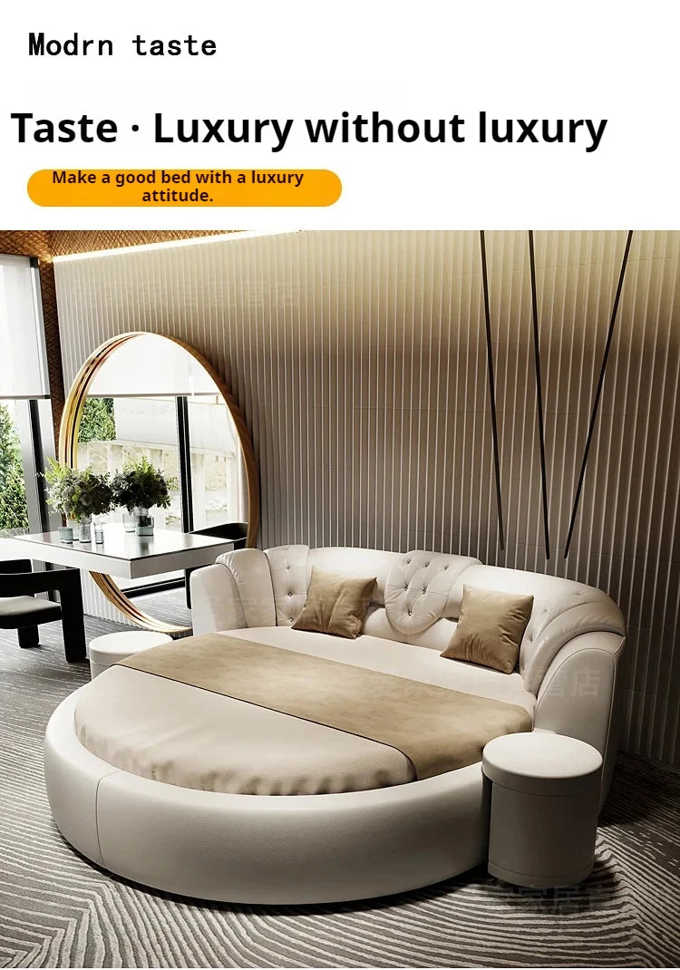 Modern circular bed in cream leather with button-tufted backrest, beige bedding, and integrated side stool.
