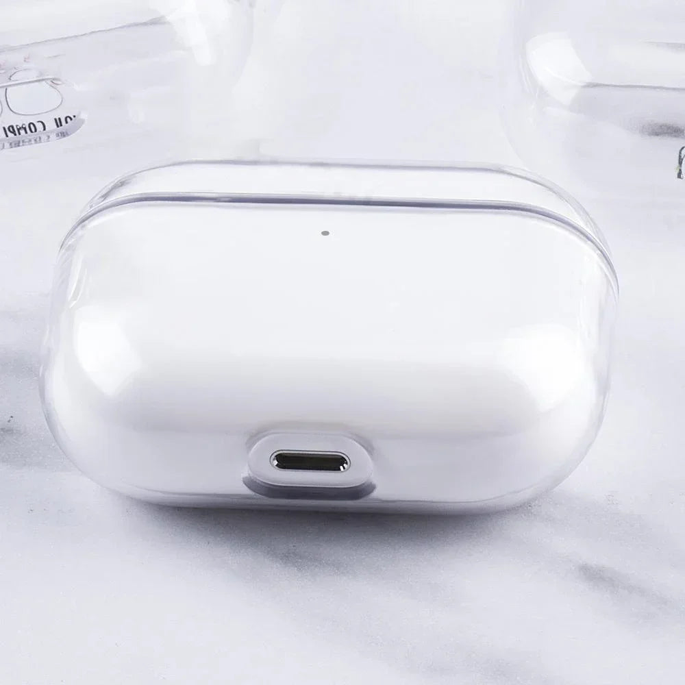 Clear protective silicone case for AirPods Pro, showcasing a sleek, transparent design on a marble background.