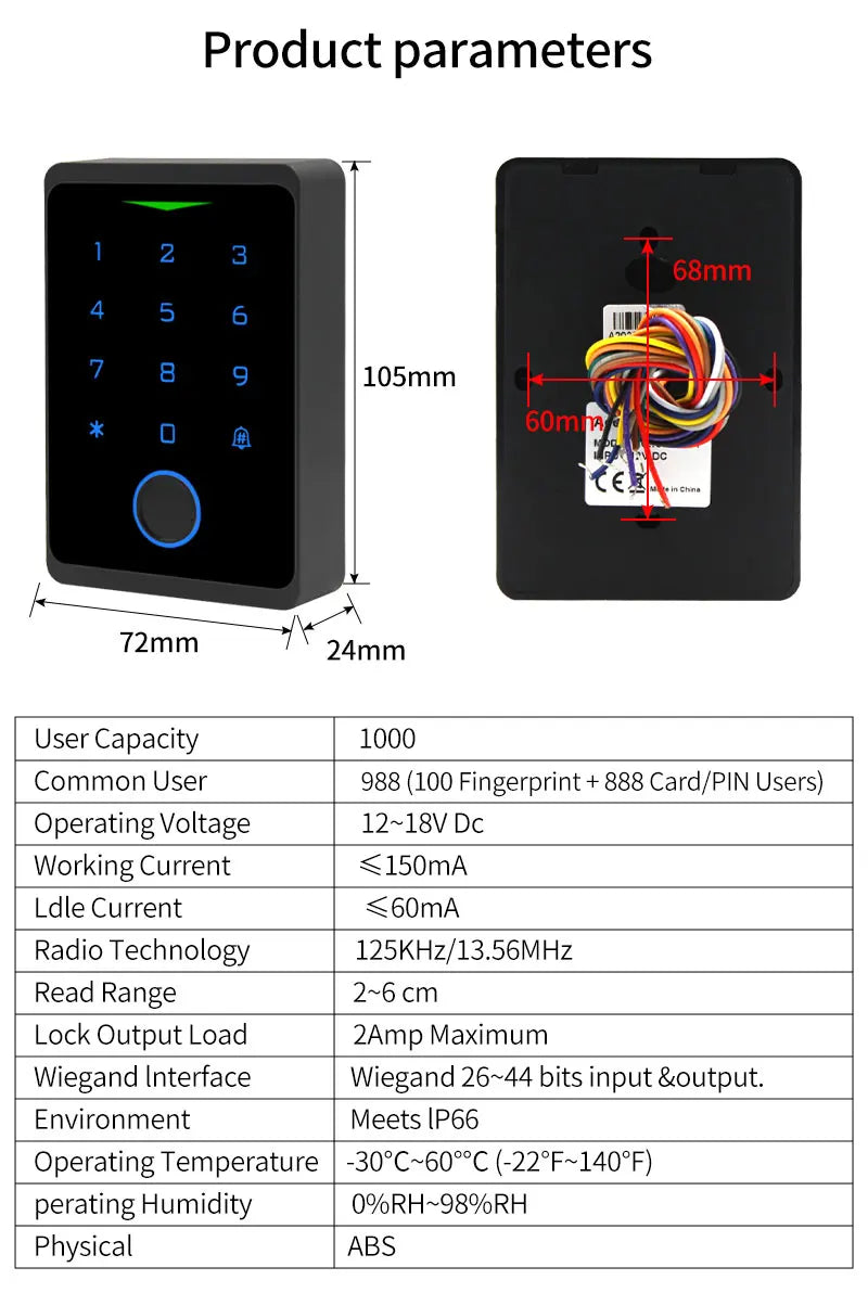 Black ABS plastic access control keypad with integrated fingerprint scanner, touch buttons, and wiring diagrams.