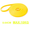 Yellow coiled resistance exercise band, 0.64cm wide with 10kg maximum resistance.