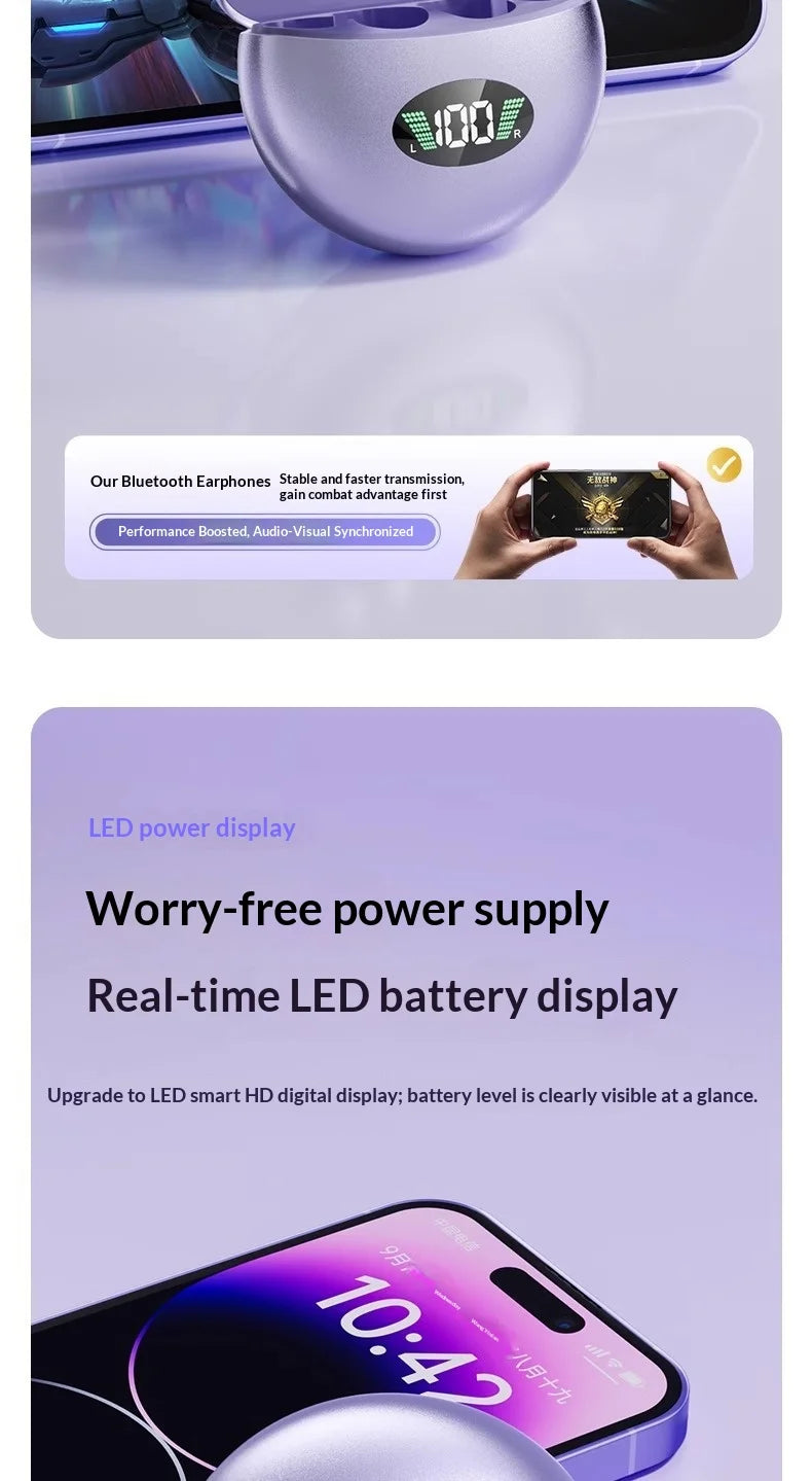 Light purple wireless earbuds in a charging case with a digital LED battery percentage display.