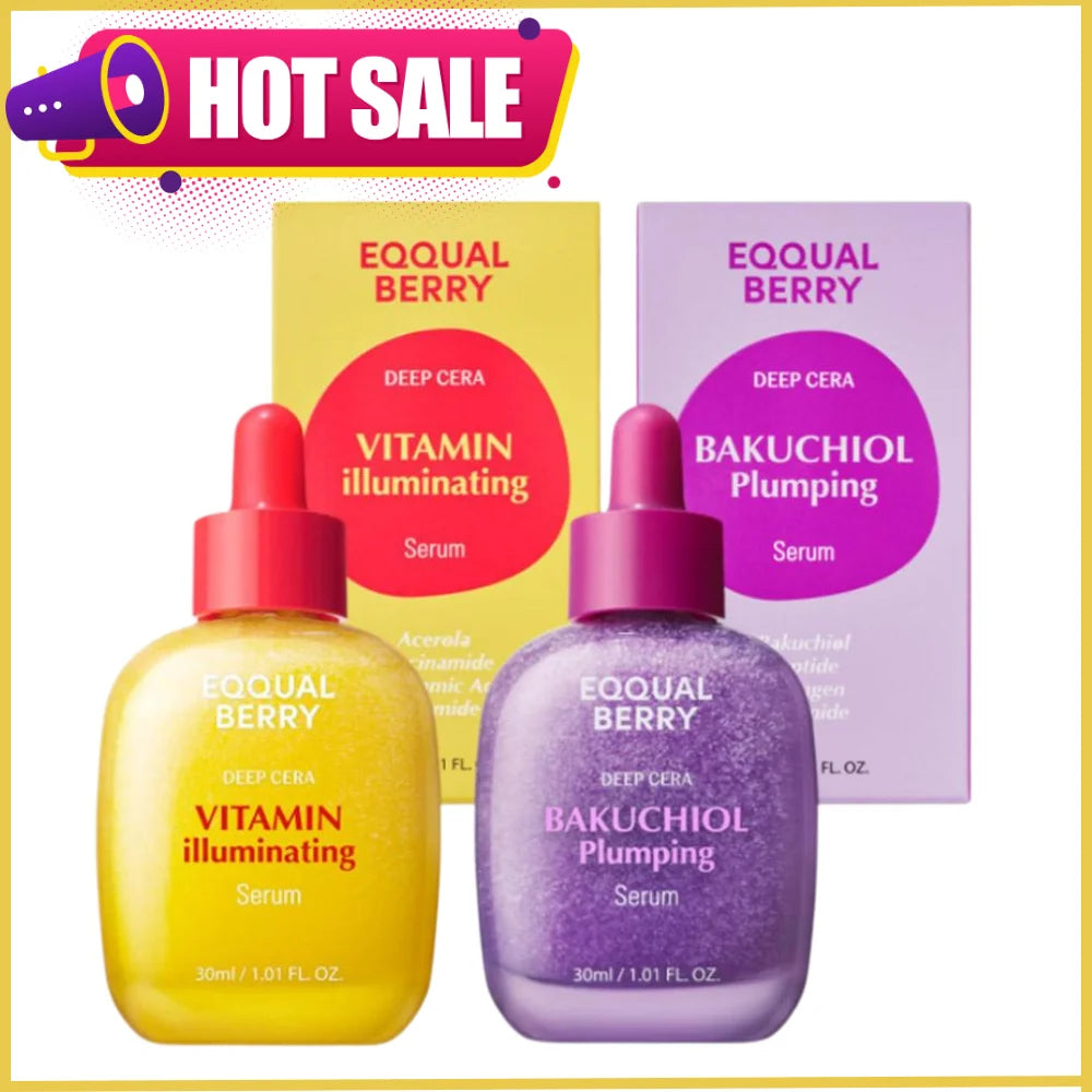 Two 30ml facial serums: one yellow Vitamin Illuminating and one purple Bakuchiol Plumping, with matching boxes.
