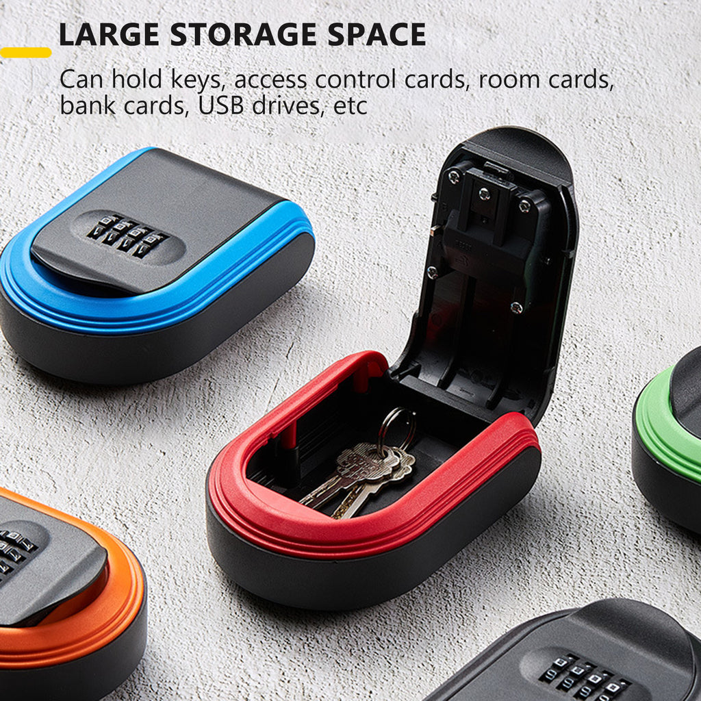 Multi-colored plastic wall-mounted key lock boxes with four-digit combination dials on grey textured background.