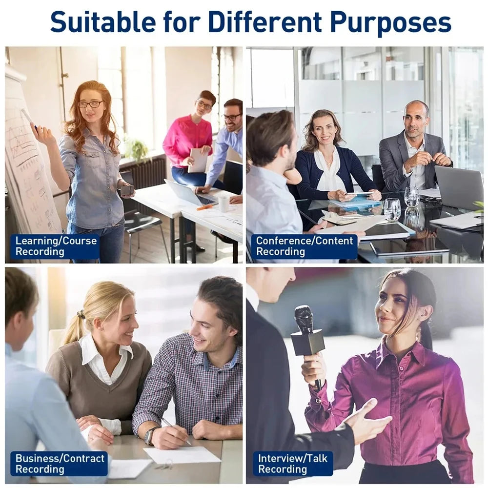 Four grid images showing professional use cases for a microphone, including teaching, meetings, and interviews.