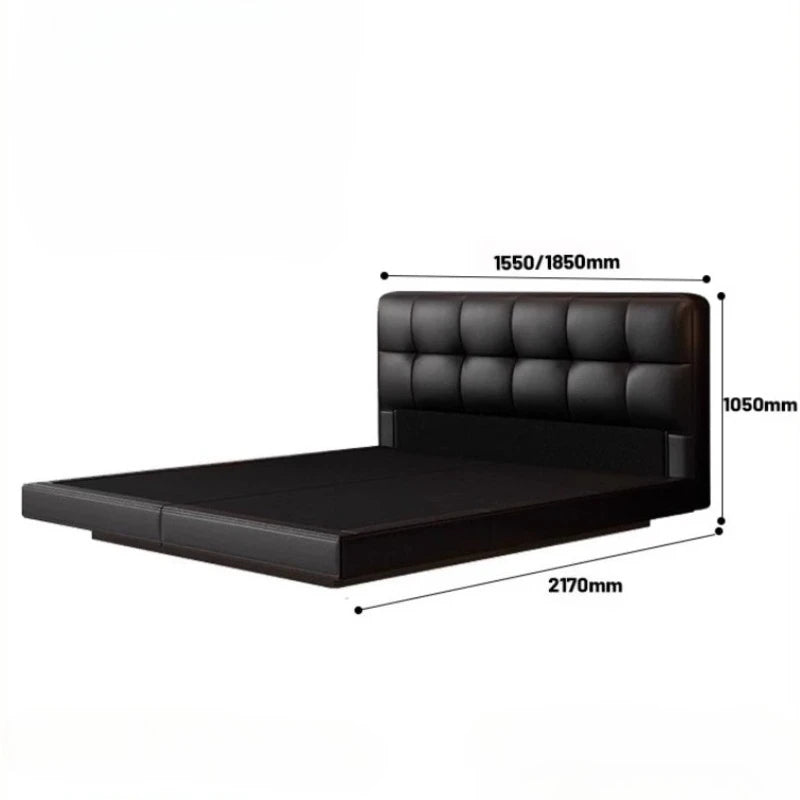 Luxury modern black leather floating double bed with a button-tufted headboard and dimensions indicated.