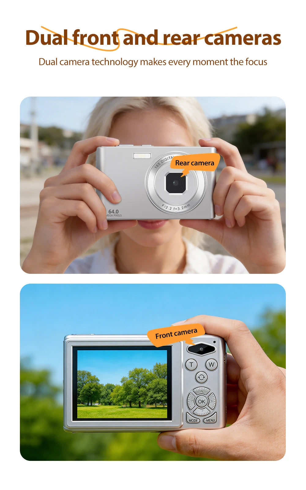 Silver digital camera with dual front and rear lenses, a rear LCD screen, and physical control buttons.