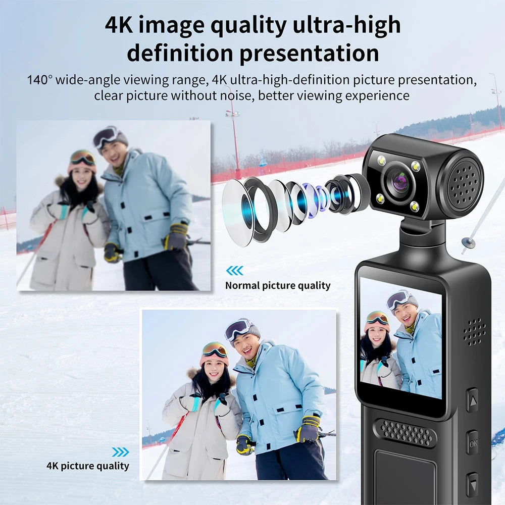 Black handheld 4K video camera with a 140-degree wide-angle lens, screen, and side control buttons.