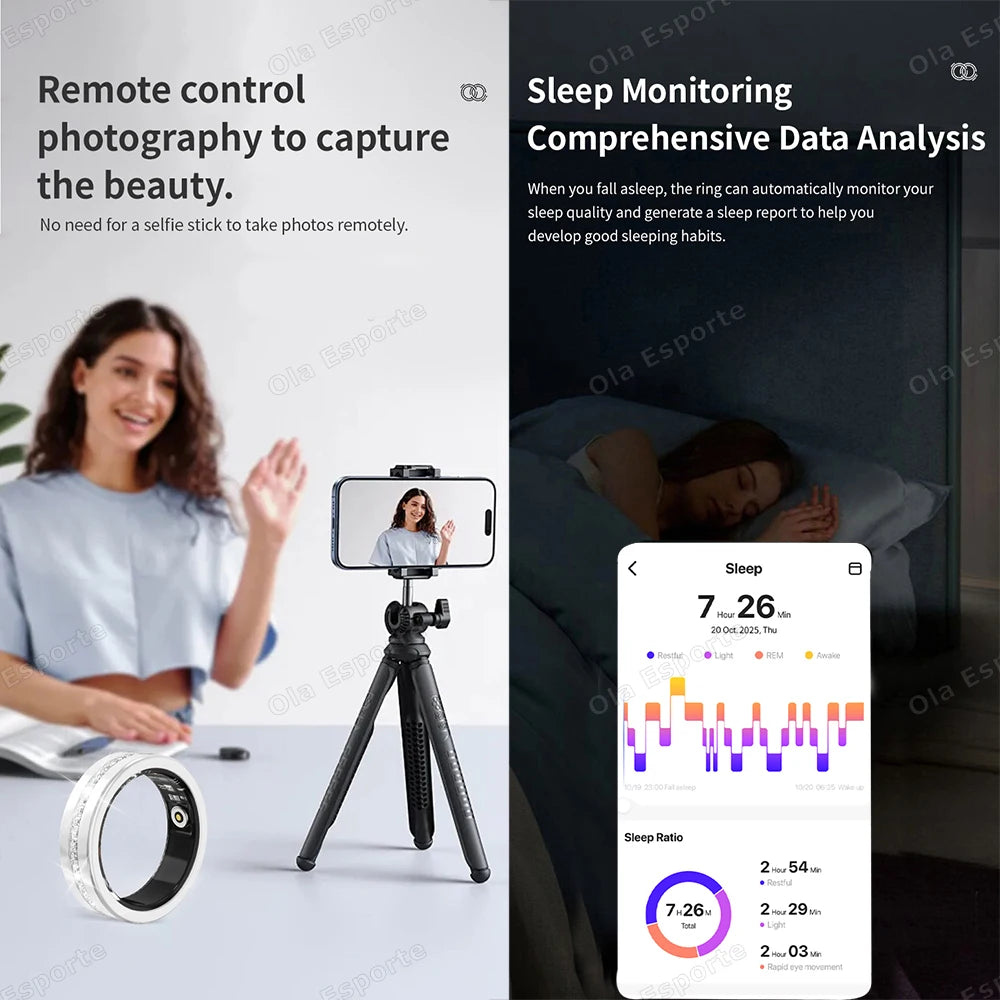 Sleek silver smart fitness ring shown with a phone on a tripod and a mobile app displaying sleep tracking data.