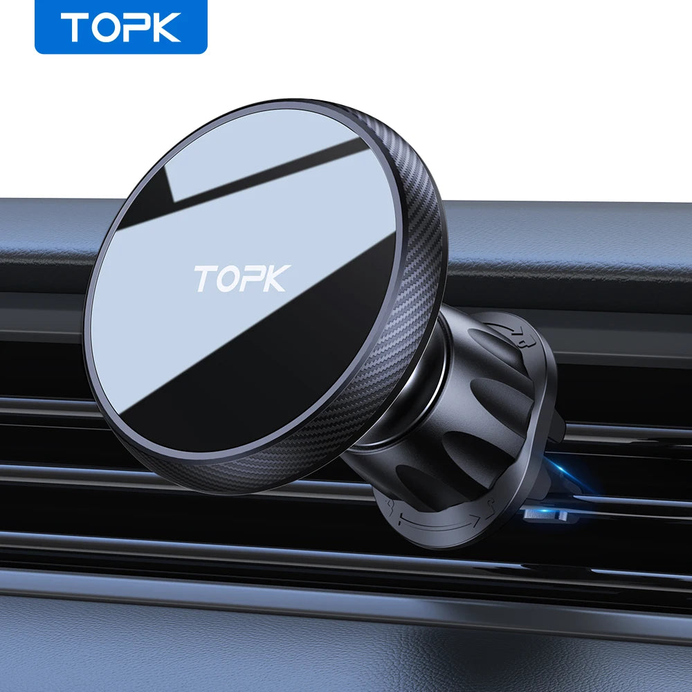 Black magnetic car phone mount with a sleek, circular design mounted on a vehicle air vent.