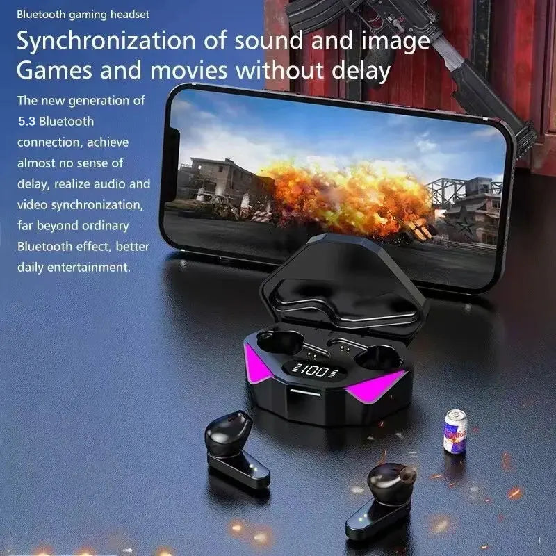 Black gaming earbuds with charging case featuring a digital battery display and purple LED accents.