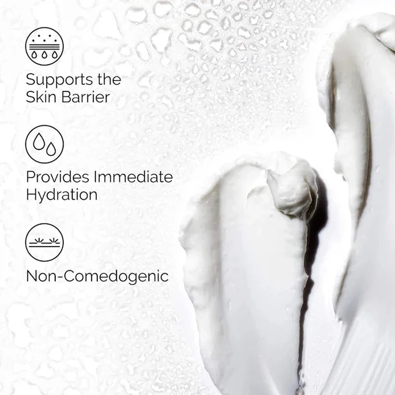 White cream texture showing hydration and barrier benefits, including icons for non-comedogenic and skin support.