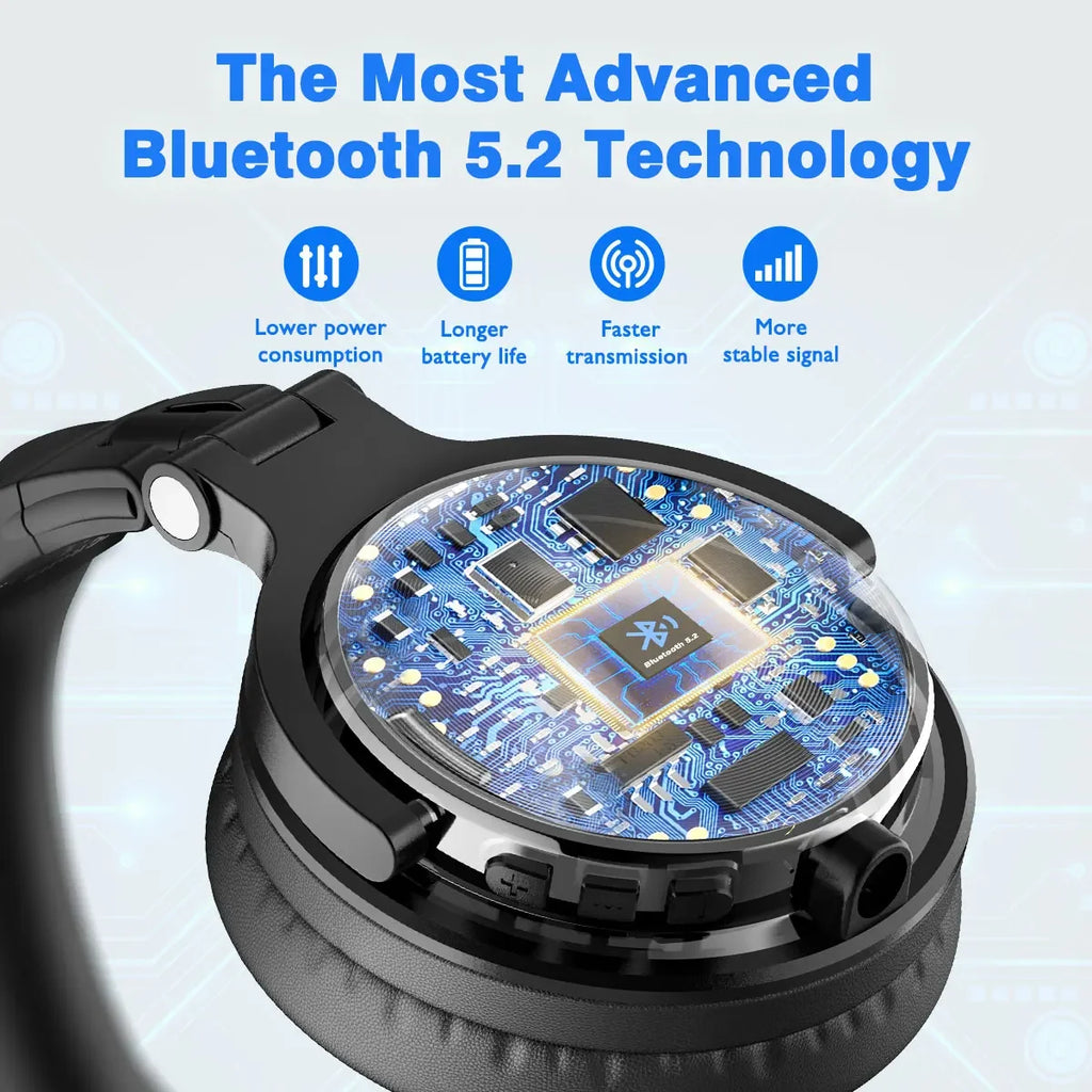 Black over-ear wireless headphones showing internal circuit board design, Bluetooth 5.2 chip and control buttons.