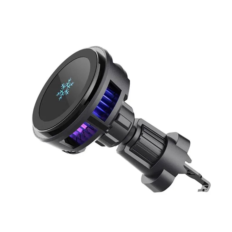 Black car phone cooling mount with a snowflake icon, circular magnetic surface, and blue glowing side vents.