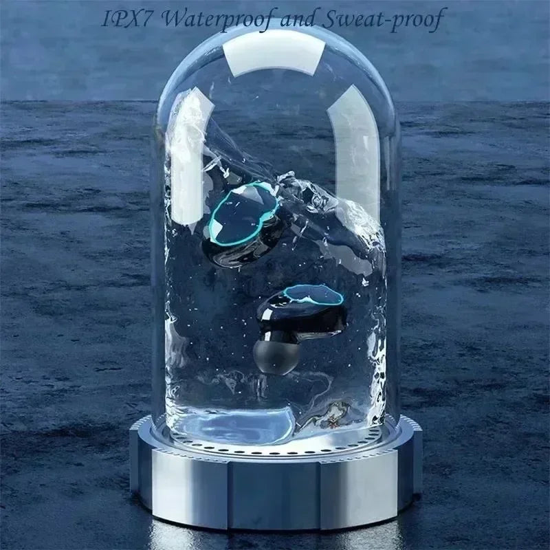 Black wireless earbuds with blue LED accents, submerged in water inside a glass display dome.