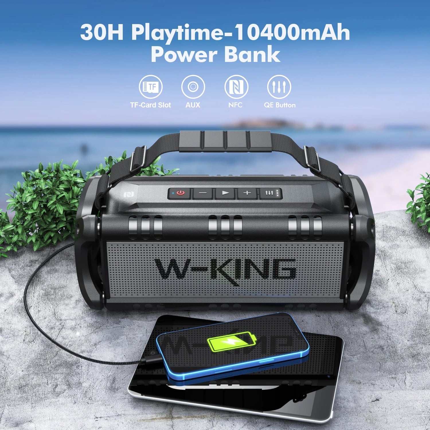 Black portable 90W wireless speaker with carry strap, built-in power bank, and 30-hour battery life.