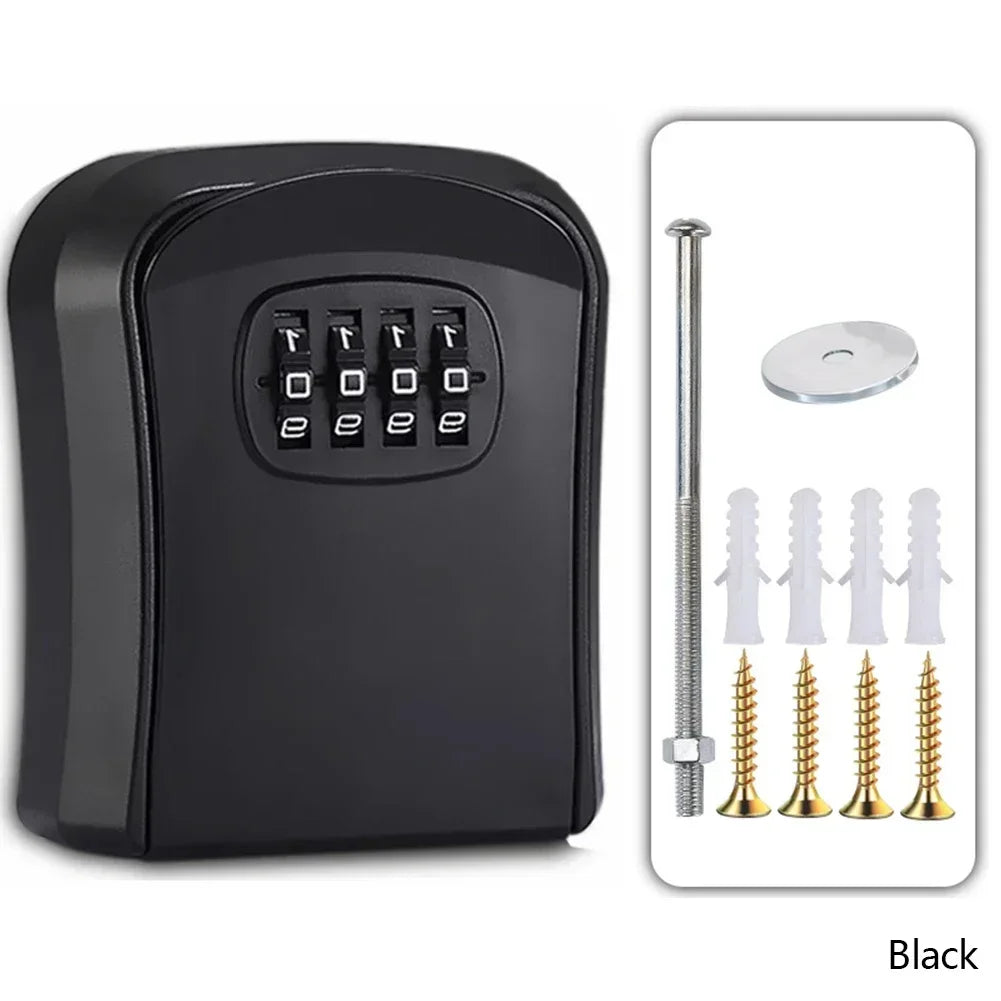Black metal wall-mounted key lock box with a four-digit combination dial, including mounting screws and anchors.