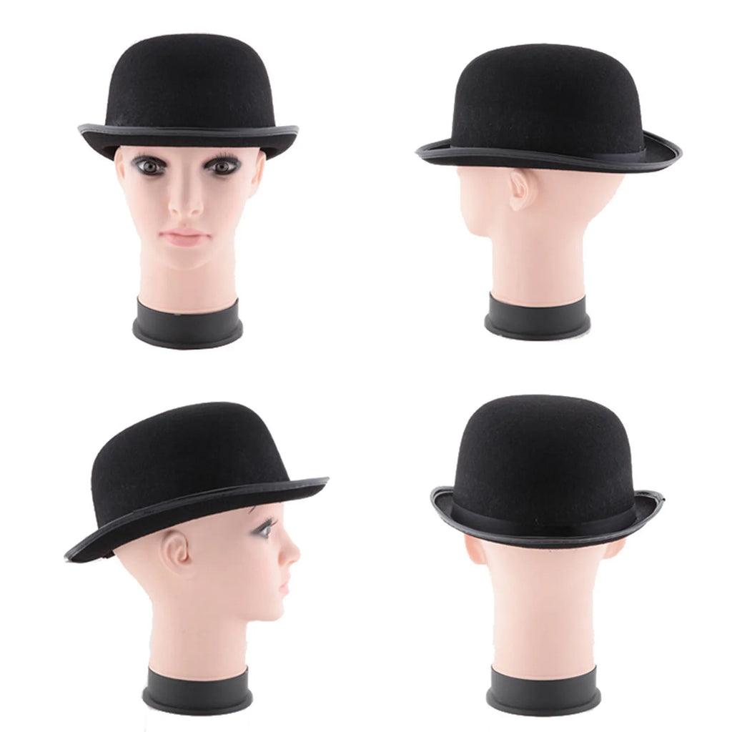 A classic black bowler hat with a curved brim, shown from four angles on a mannequin head.
