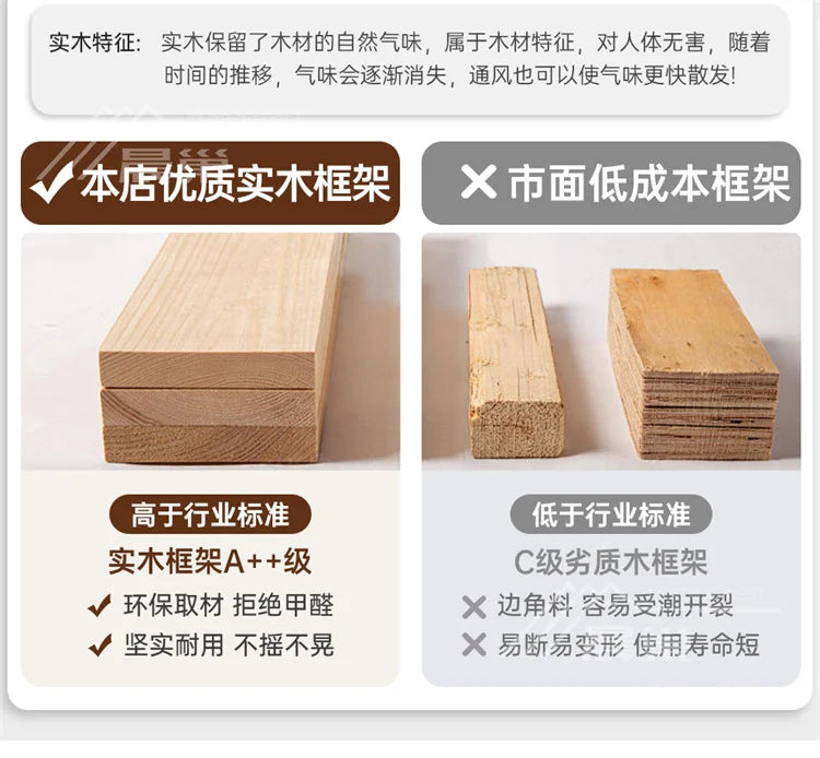 Comparison of high-quality, durable solid wood used in our bed frames versus low-quality, prone-to-warping timber.