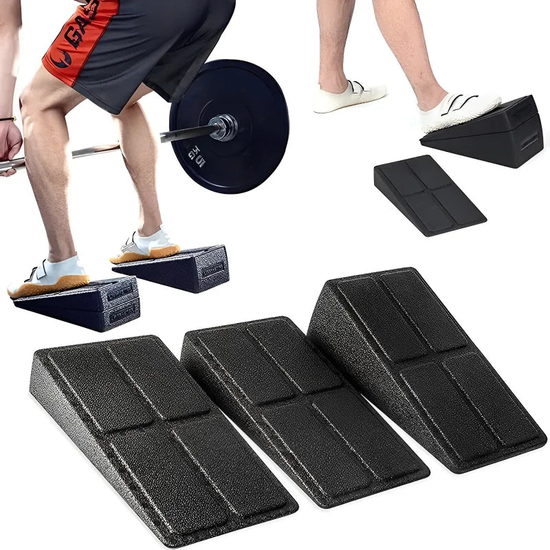 Black foam squat wedges for weightlifting, shown in use and as individual pieces on a white background.