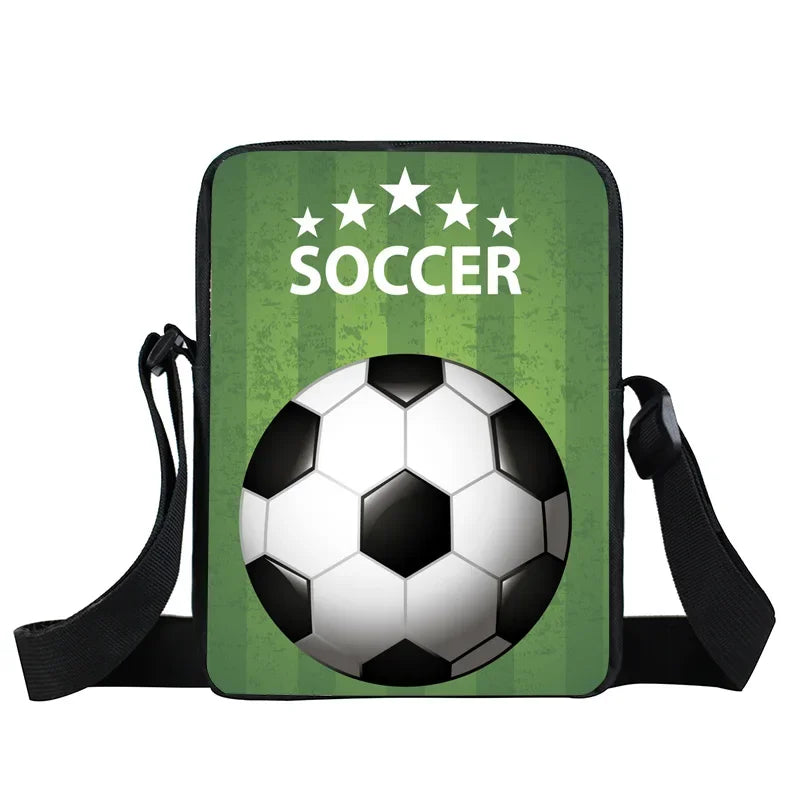 Green rectangular shoulder bag featuring a soccer ball print, five stars, and "SOCCER" text with an adjustable strap.