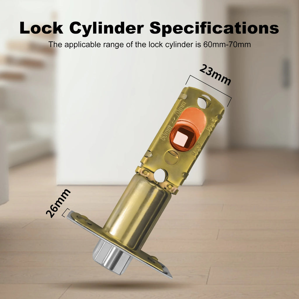 Gold-toned metal door lock latch with 60-70mm adjustable cylinder range and labeled dimensions.