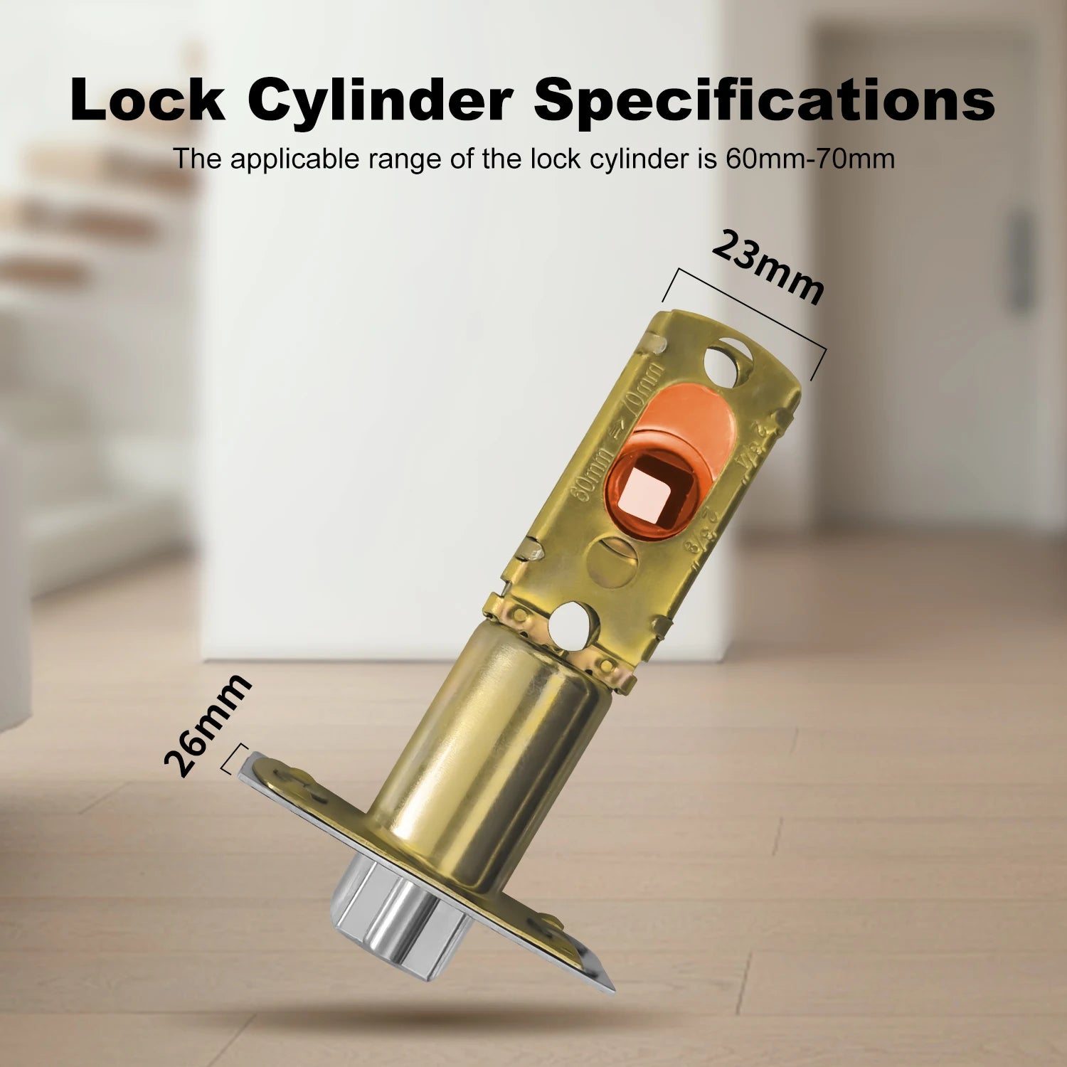 Gold-toned metal door lock latch with 60-70mm adjustable cylinder range and labeled dimensions.