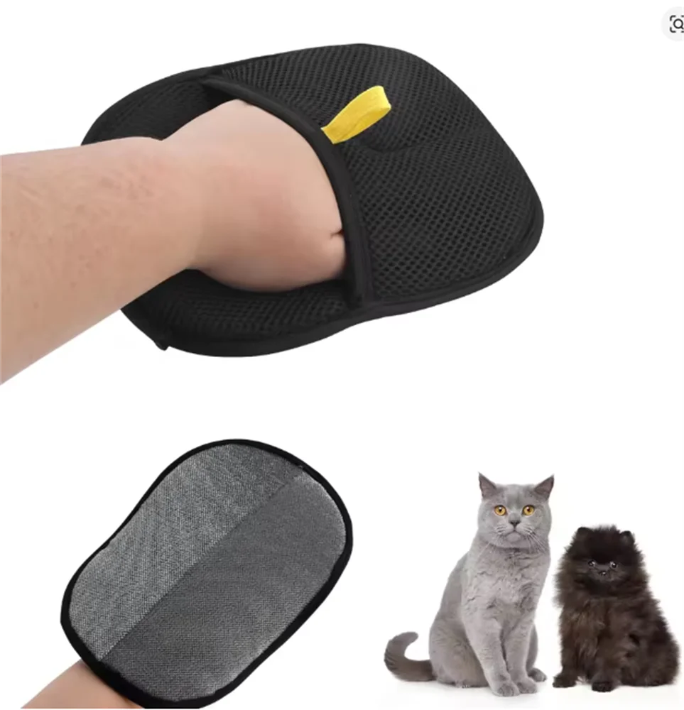 Black and grey pet grooming mitt being worn on a hand, shown alongside a cat and a dog.