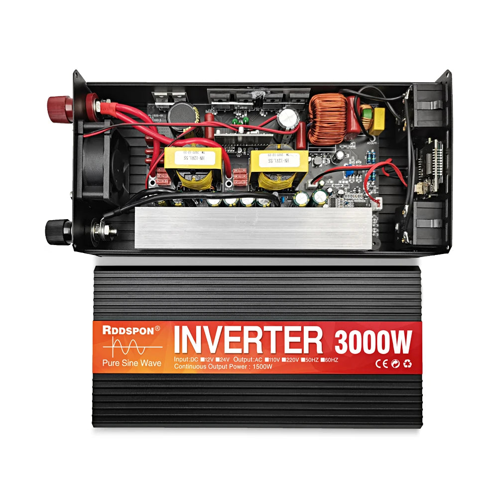 Black 3000W pure sine wave power inverter with its casing removed to show internal electronics and cooling fans.