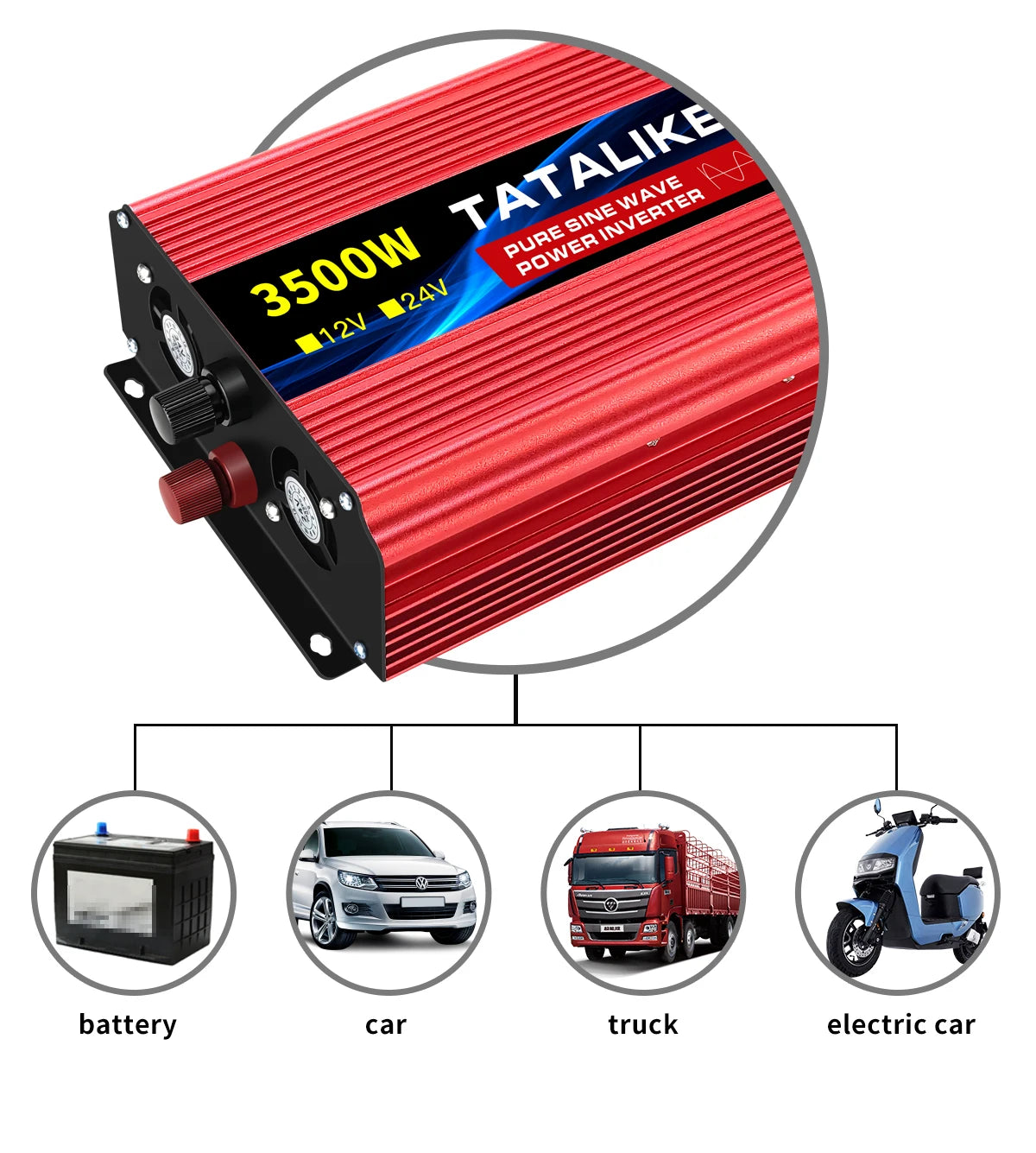 Red 3500W pure sine wave power inverter with connection terminals, suitable for batteries, cars, trucks and scooters.