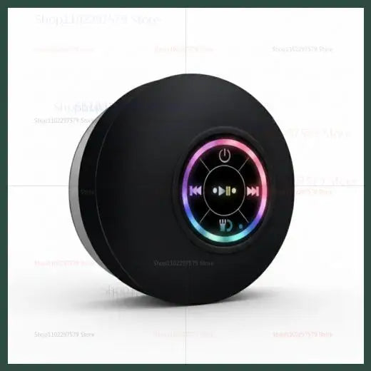 Round black portable Bluetooth speaker featuring a glowing LED light ring and integrated control buttons.