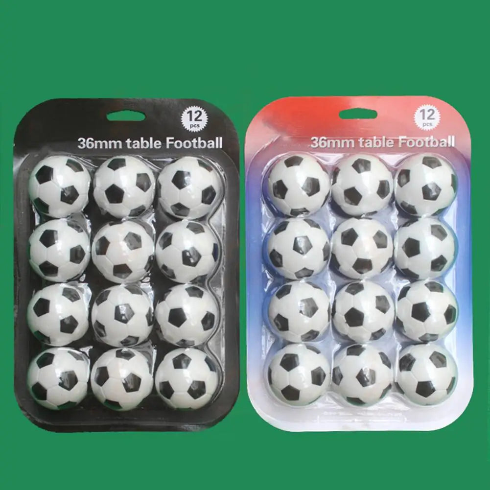 Two packs of 12 classic black and white 36mm table footballs in individual plastic blister packaging.