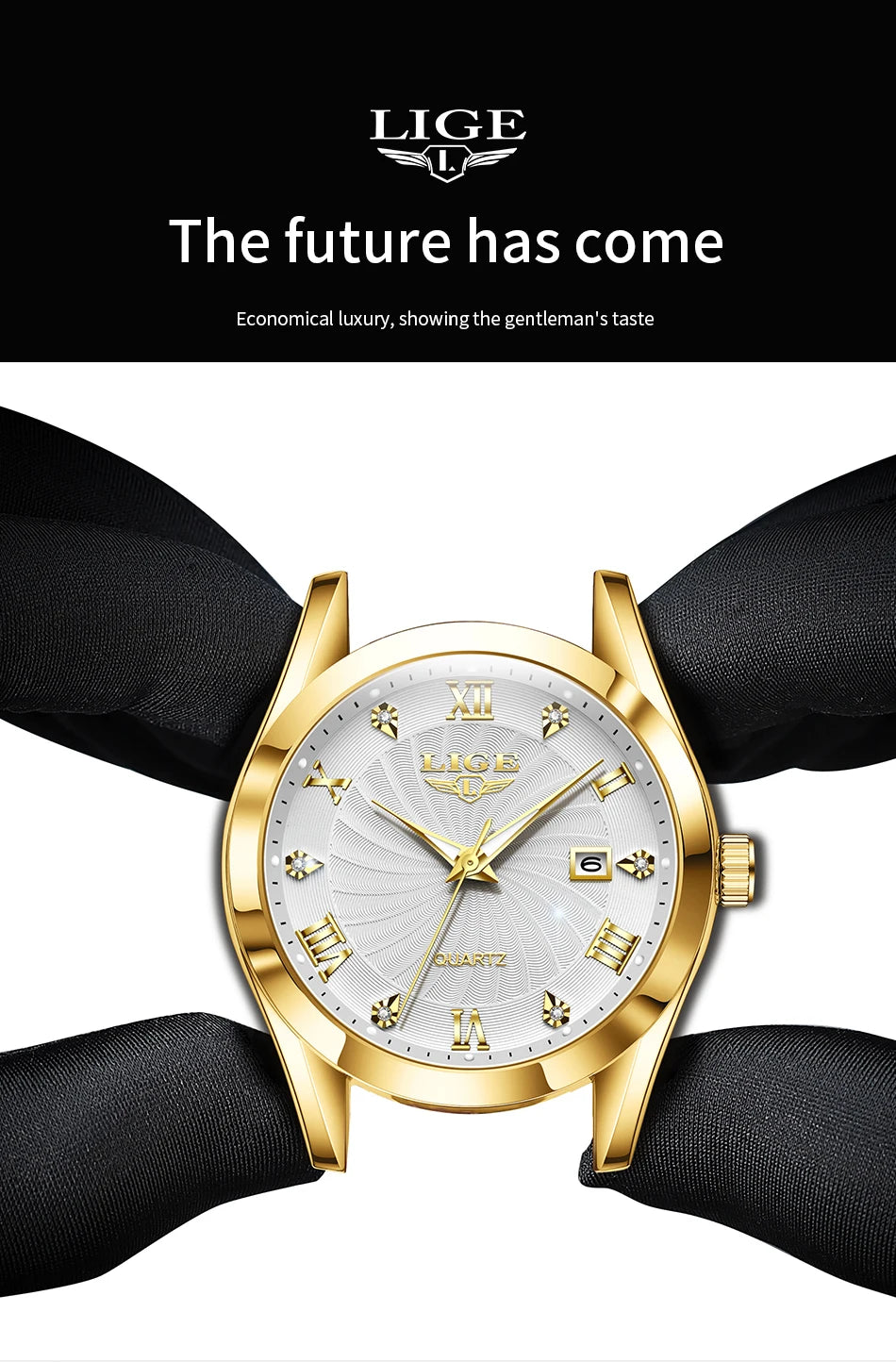 Elegant gold quartz watch with a textured white dial, Roman numerals, crystal indices and a date display.