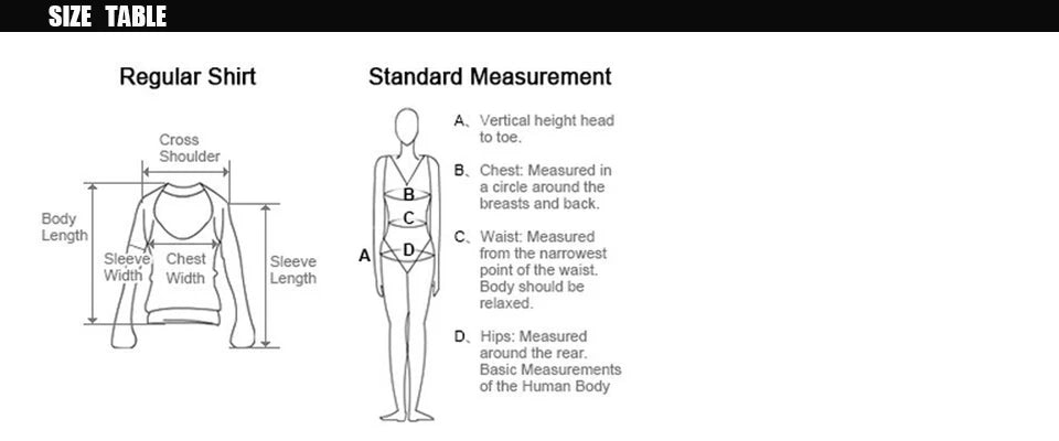 Size table showing measurement points for a regular shirt and standard human body measurements.