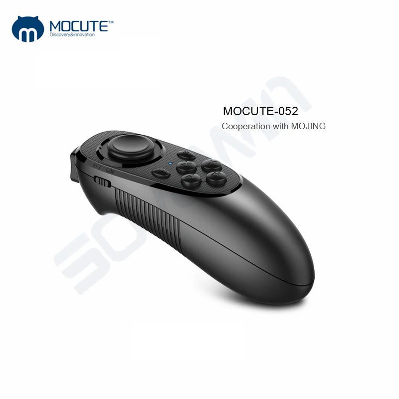 Black wireless VR remote controller with a joystick, action buttons, and a sleek, ergonomic handheld design.