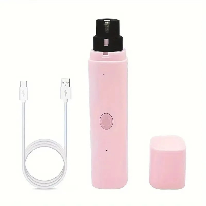 Pink electric pet nail grinder with black trimmer head, power button, protective cap, and a white USB charging cable.