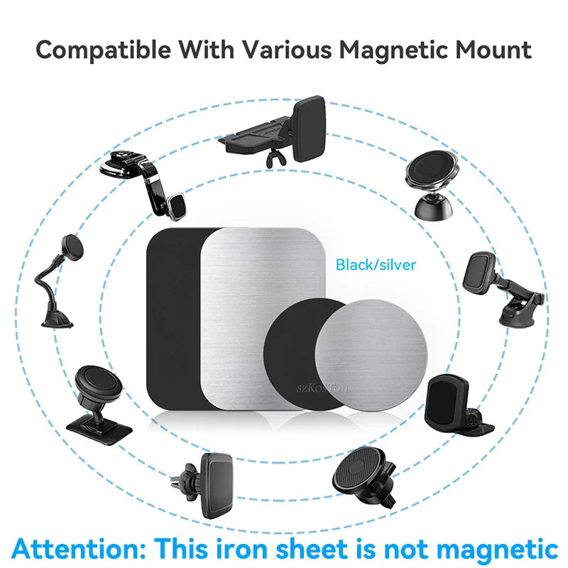 Black and silver magnetic mount metal plates in round and rectangular shapes, surrounded by various car mount examples.