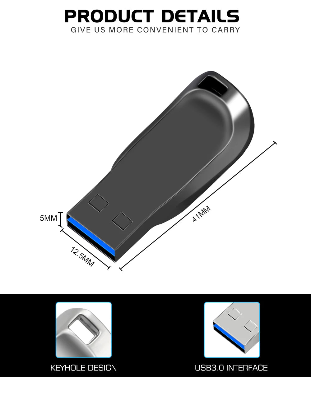 Compact silver-grey metal USB 3.0 flash drive with a keyring loop, showing dimensions of 41mm by 12.5mm.