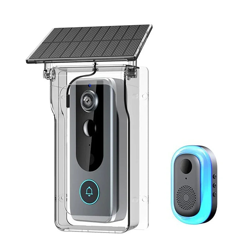 Smart Wi-Fi video doorbell with solar panel, protective case, and a glowing blue wireless indoor chime.