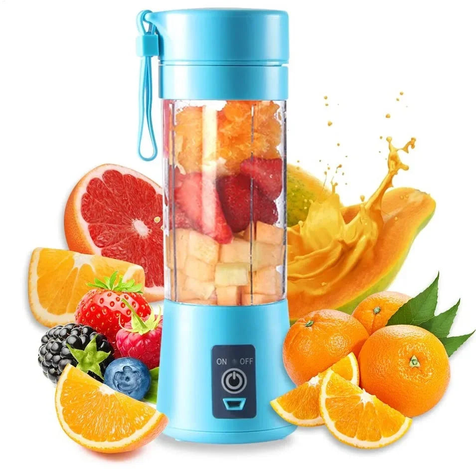 Portable sky-blue personal blender filled with chopped fruit, surrounded by fresh oranges, berries, and splashes.