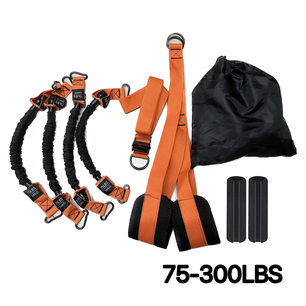 Orange and black pull-up assistance band set with four resistance tubes, hanging straps, handles, and a carry bag.