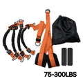 Orange and black pull-up assistance band set with four resistance tubes, hanging straps, handles, and a carry bag.