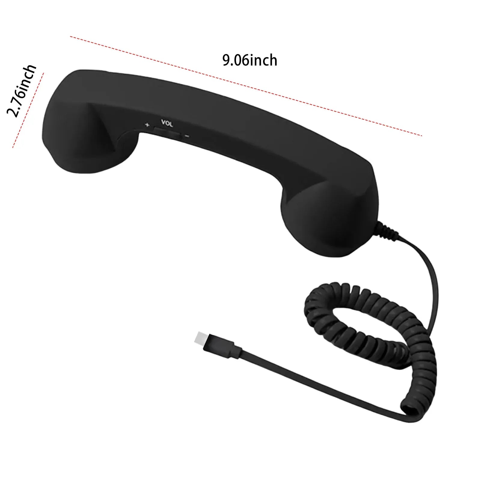 Matte black retro-style telephone handset with volume controls, coiled cable, and USB-C connector. 9.06 inches long.
