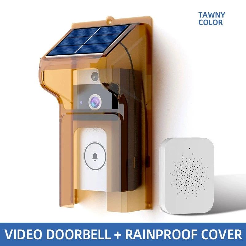 Tawny-coloured, solar-powered wireless video doorbell with a protective rainproof cover and a white indoor chime.